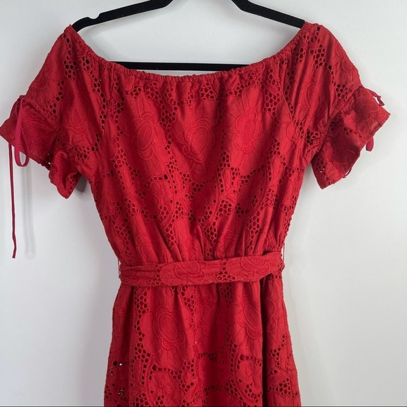 Shoshanna anthropologie eyelet red belted ruffle midi dress size 2 wedding guest - Picture 11 of 14